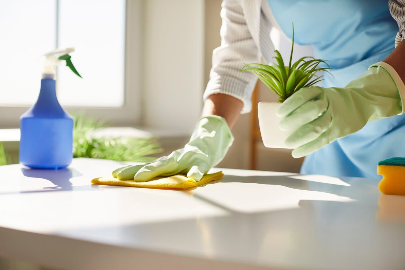 A person in an apron wearing gloves cleaning a surface with a rag and a cleaning bottle